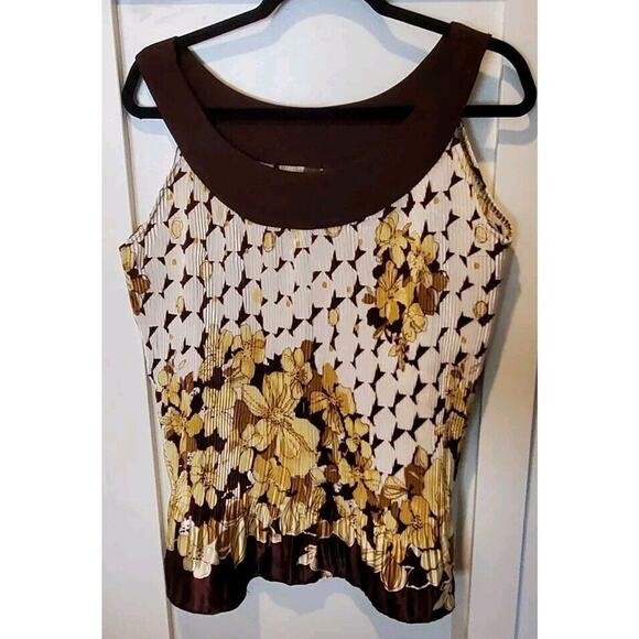 Women's White Brown Yellow Serenade New York Sleeveless Flared Blouse Size XL - Picture 1 of 8